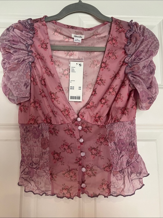 Kimchi Blue Tops - Floral Pink Button-Front Puff Sleeve Top